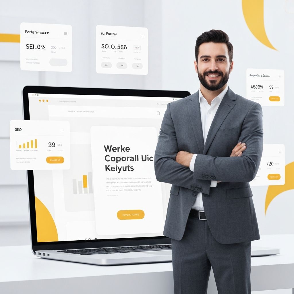 Performans metriklerini içeren modern bir kurumsal web sitesi tasarımı sunan iş profesyoneli